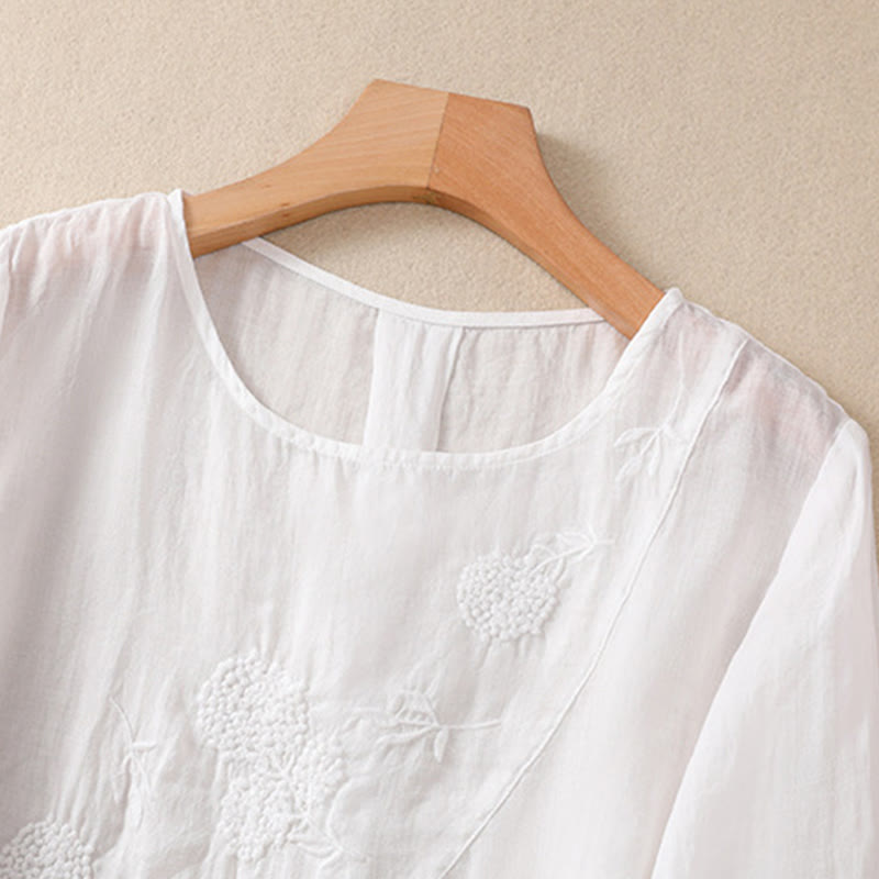 Nimara Ritual Embroidered Flower Crew Neck Design Women's Cotton Linen Half Sleeve Shirt