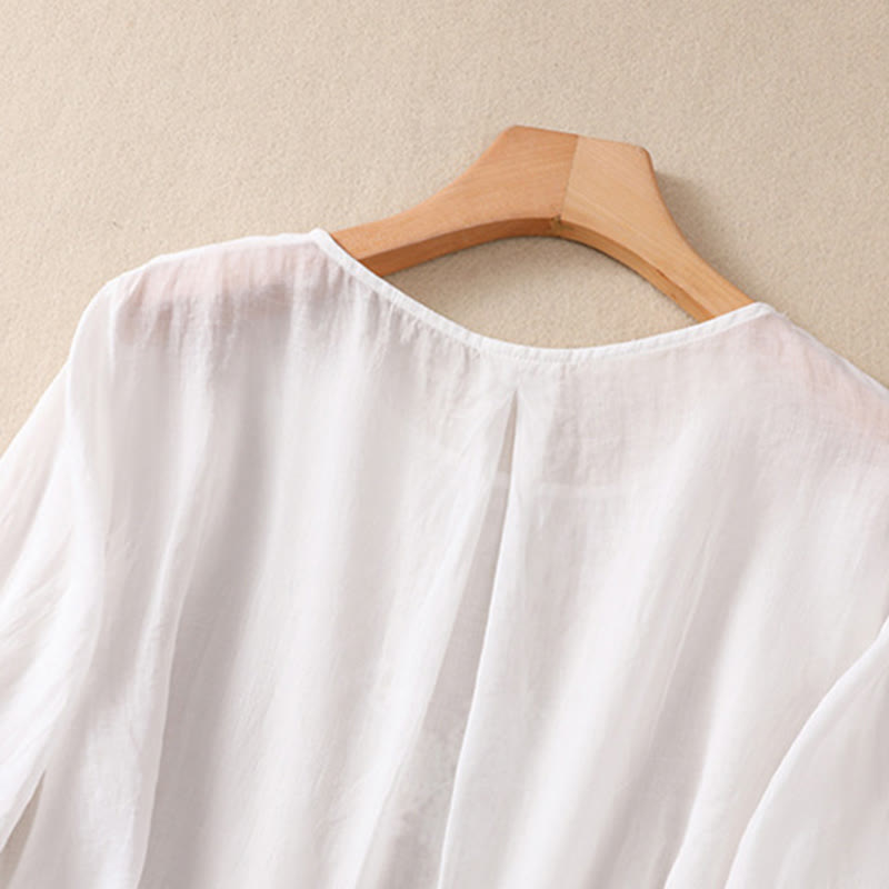 Nimara Ritual Embroidered Flower Crew Neck Design Women's Cotton Linen Half Sleeve Shirt