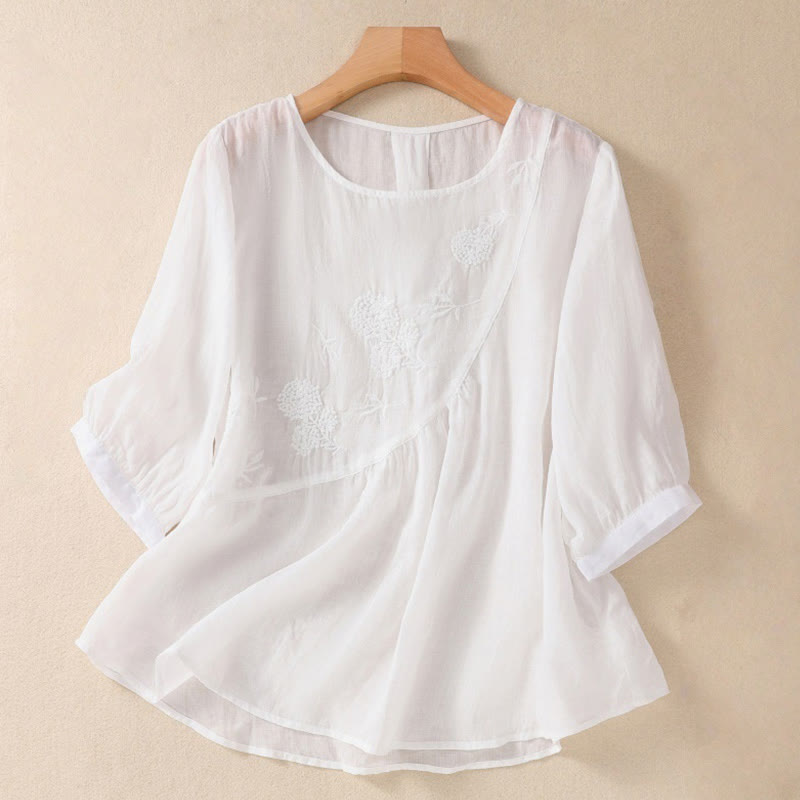 Nimara Ritual Embroidered Flower Crew Neck Design Women's Cotton Linen Half Sleeve Shirt