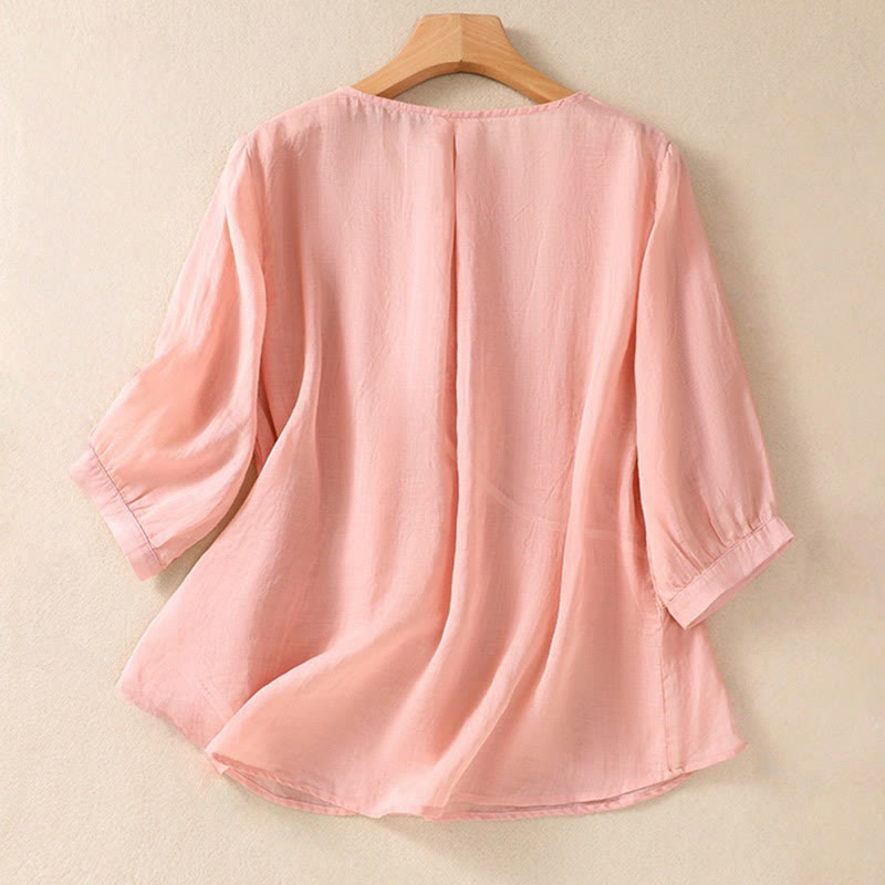 Nimara Ritual Embroidered Flower Crew Neck Design Women's Cotton Linen Half Sleeve Shirt