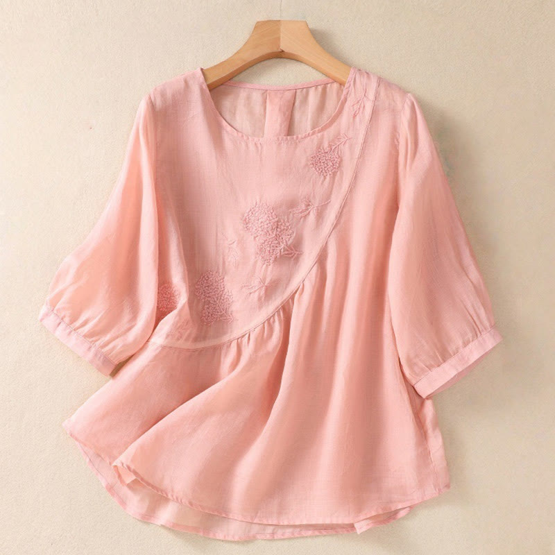 Nimara Ritual Embroidered Flower Crew Neck Design Women's Cotton Linen Half Sleeve Shirt