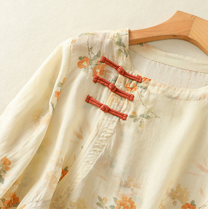 Nimara Ritual Plant Printed Crew Neck Frog Button Design Women's Polyester Three Quarter Sleeve Shirt