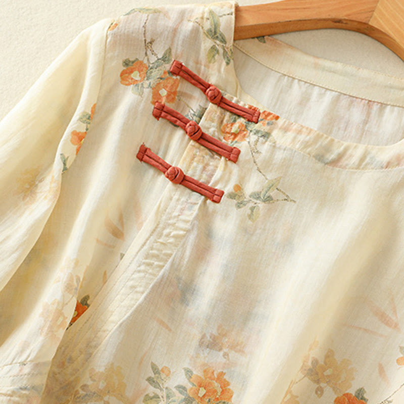 Nimara Ritual Plant Printed Crew Neck Frog Button Design Women's Polyester Three Quarter Sleeve Shirt