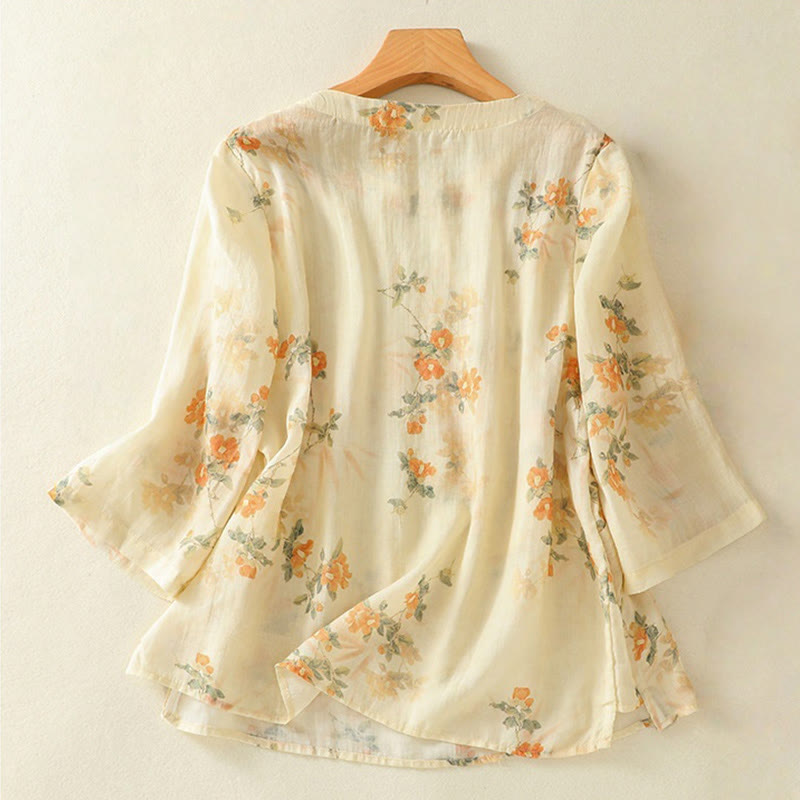 Nimara Ritual Plant Printed Crew Neck Frog Button Design Women's Polyester Three Quarter Sleeve Shirt