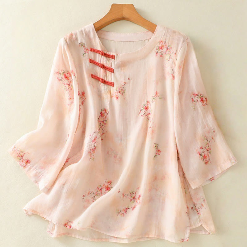 Nimara Ritual Plant Printed Crew Neck Frog Button Design Women's Polyester Three Quarter Sleeve Shirt