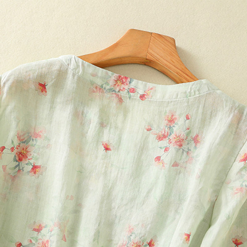 Nimara Ritual Plant Printed Crew Neck Frog Button Design Women's Polyester Three Quarter Sleeve Shirt