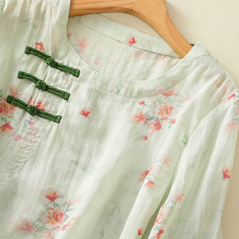 Nimara Ritual Plant Printed Crew Neck Frog Button Design Women's Polyester Three Quarter Sleeve Shirt