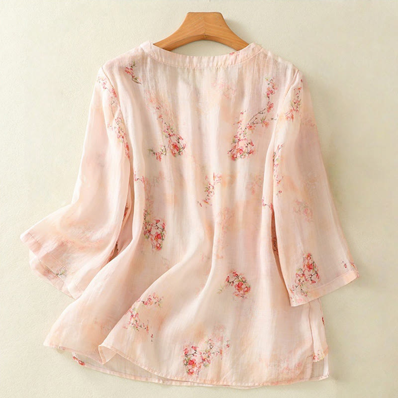 Nimara Ritual Plant Printed Crew Neck Frog Button Design Women's Polyester Three Quarter Sleeve Shirt