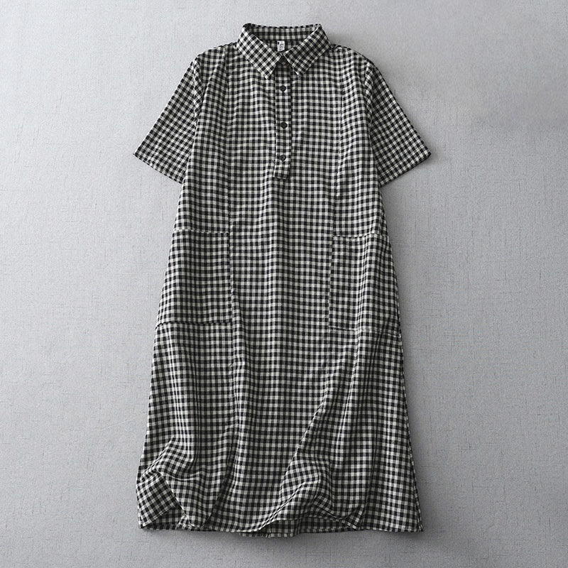 Nimara Ritual Casual Vintage Plaid Pattern Lapel Short Sleeve Midi Dress With Pockets