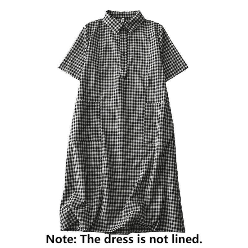 Nimara Ritual Casual Vintage Plaid Pattern Lapel Short Sleeve Midi Dress With Pockets