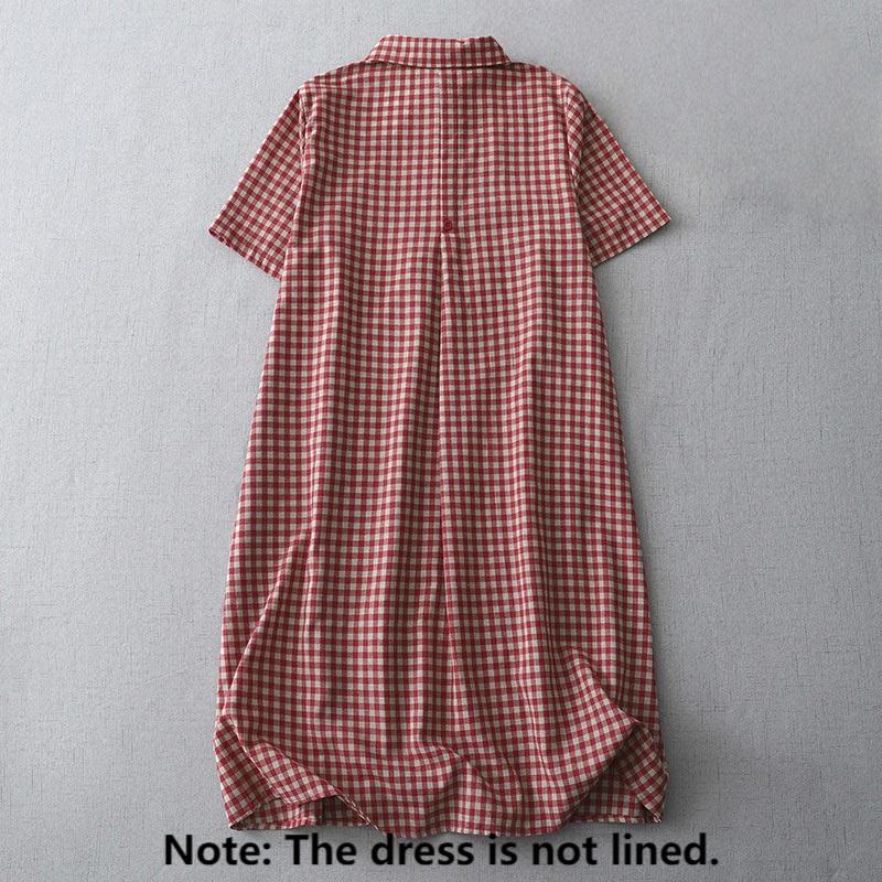 Nimara Ritual Casual Vintage Plaid Pattern Lapel Short Sleeve Midi Dress With Pockets
