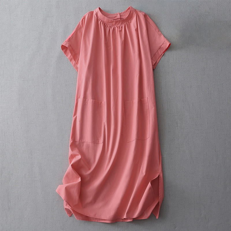 Nimara Ritual Casual Pure Color Back Buttons Design Crew Neck Short Sleeve Cotton Linen Midi Dress With Pockets