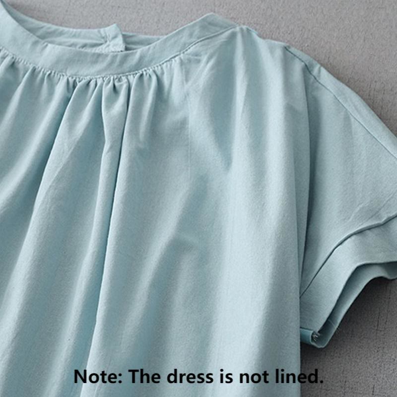 Nimara Ritual Casual Pure Color Back Buttons Design Crew Neck Short Sleeve Cotton Linen Midi Dress With Pockets
