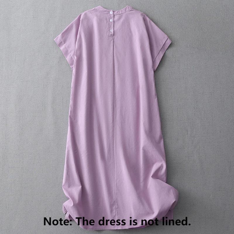Nimara Ritual Casual Pure Color Back Buttons Design Crew Neck Short Sleeve Cotton Linen Midi Dress With Pockets