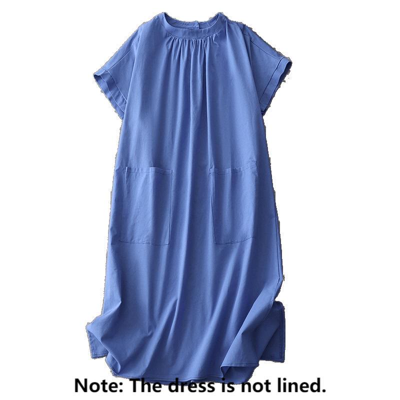 Nimara Ritual Casual Pure Color Back Buttons Design Crew Neck Short Sleeve Cotton Linen Midi Dress With Pockets