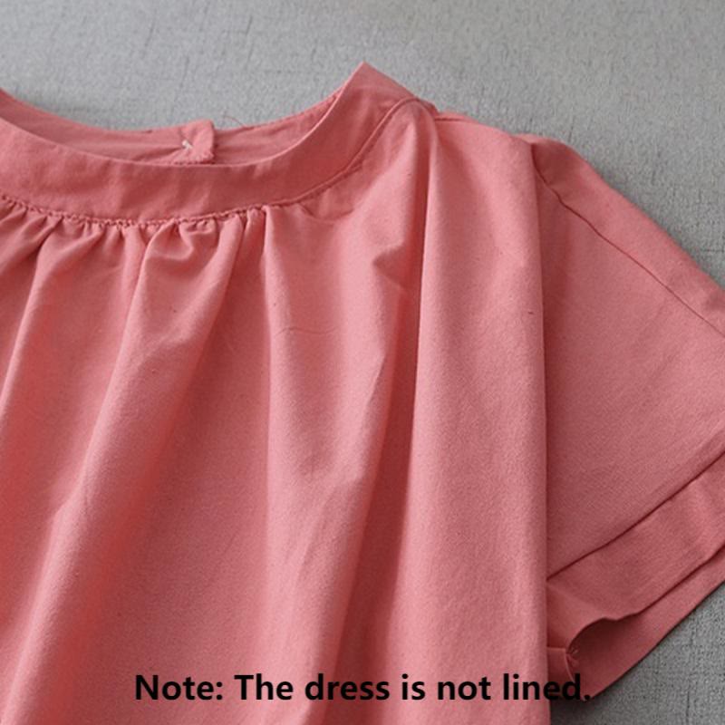 Nimara Ritual Casual Pure Color Back Buttons Design Crew Neck Short Sleeve Cotton Linen Midi Dress With Pockets