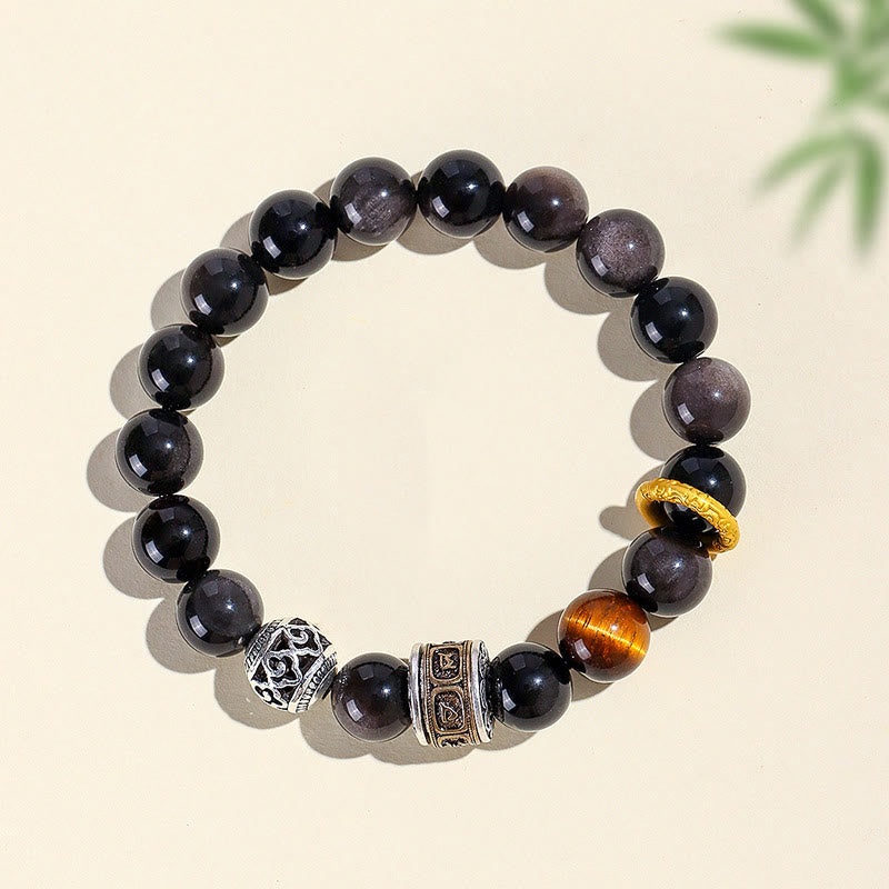 Nimara Ritual Silver Sheen Obsidian Tiger Eye Om Mani Padme Hum Protection Bracelet