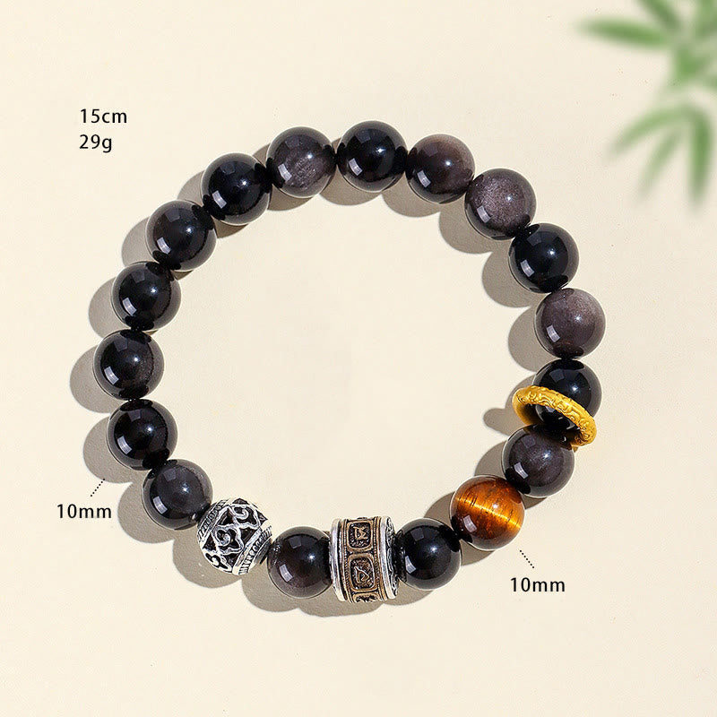 Nimara Ritual Silver Sheen Obsidian Tiger Eye Om Mani Padme Hum Protection Bracelet