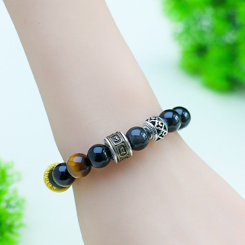 Nimara Ritual Silver Sheen Obsidian Tiger Eye Om Mani Padme Hum Protection Bracelet