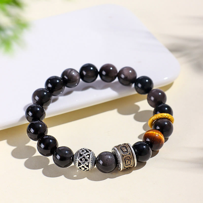 Nimara Ritual Silver Sheen Obsidian Tiger Eye Om Mani Padme Hum Protection Bracelet