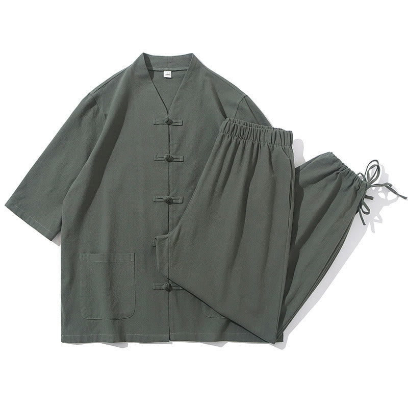 Nimara Ritual 2Pcs Tang Suit Frog-Button Design Shirt Pants With Pockets Men's Cotton Linen Meditation Cloth Set