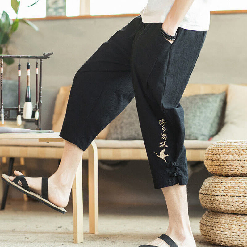 Nimara Ritual Crane Embroidery Cotton Men's Cropped Harem Pants With Pockets