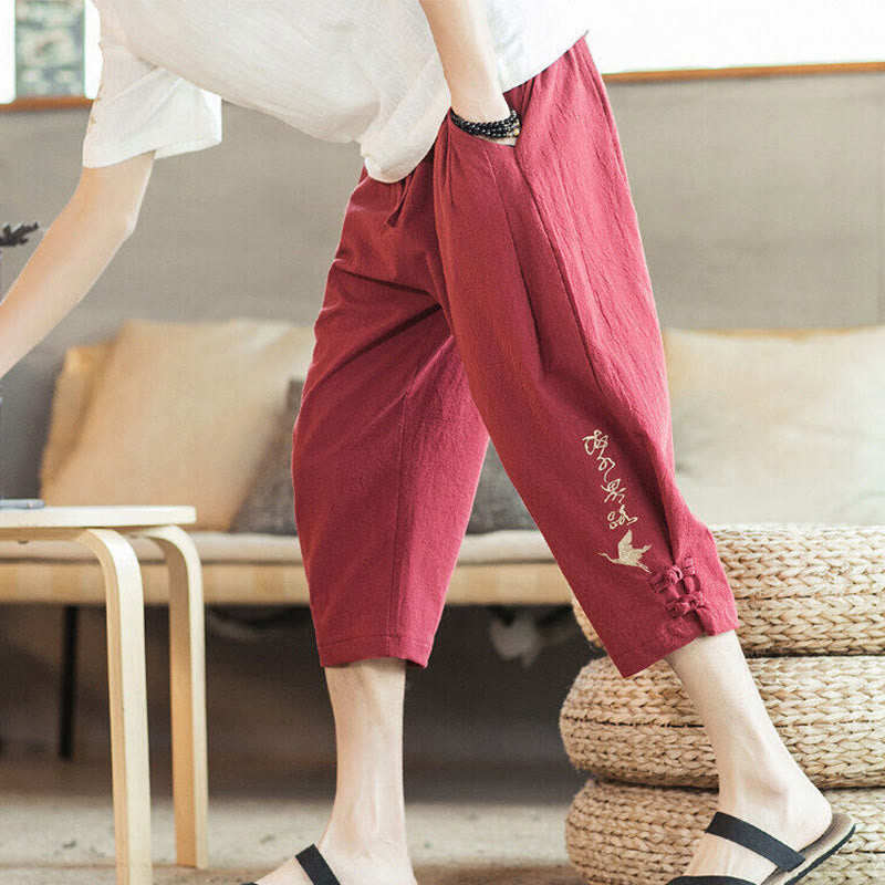 Nimara Ritual Crane Embroidery Cotton Men's Cropped Harem Pants With Pockets