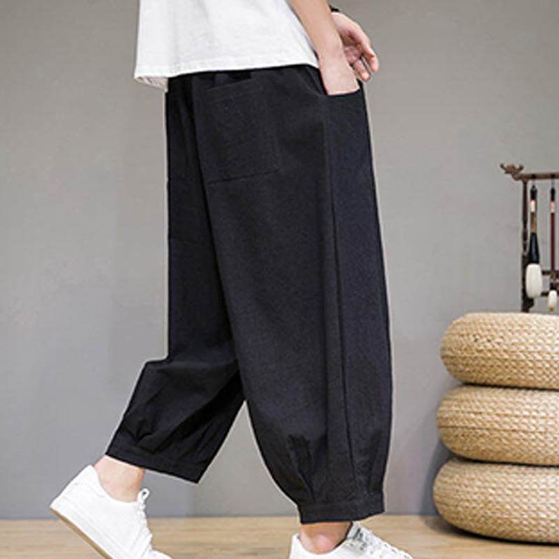 Nimara Ritual Simple Cotton Men's Cropped Capri Harem Pants With Pockets