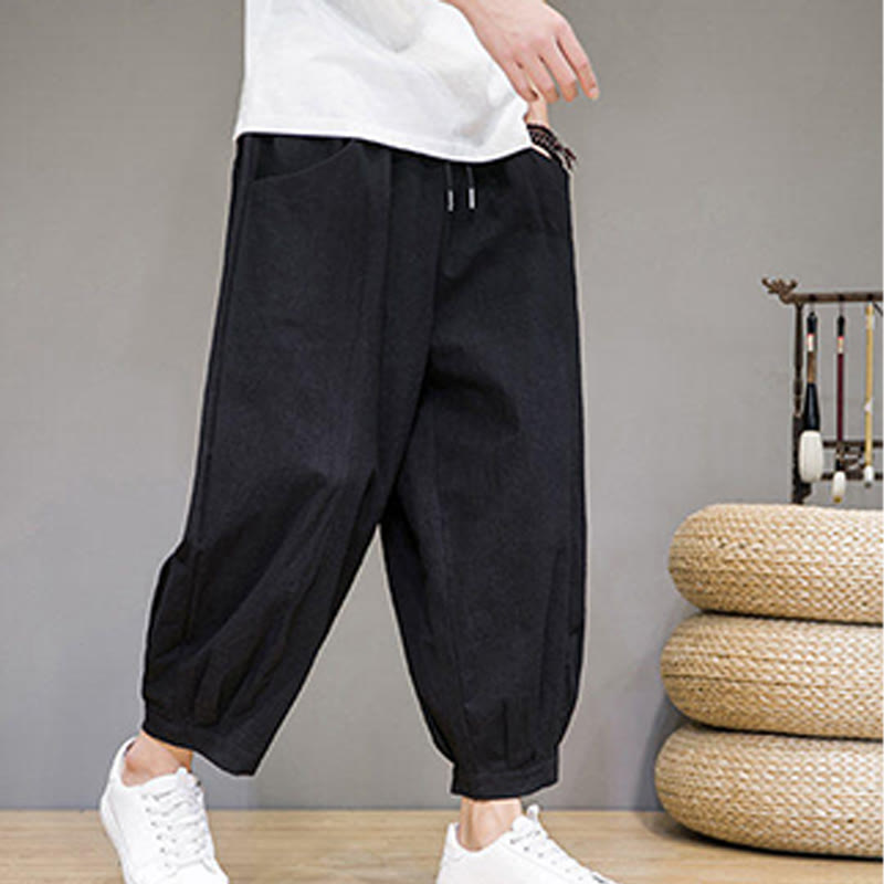 Nimara Ritual Simple Cotton Men's Cropped Capri Harem Pants With Pockets
