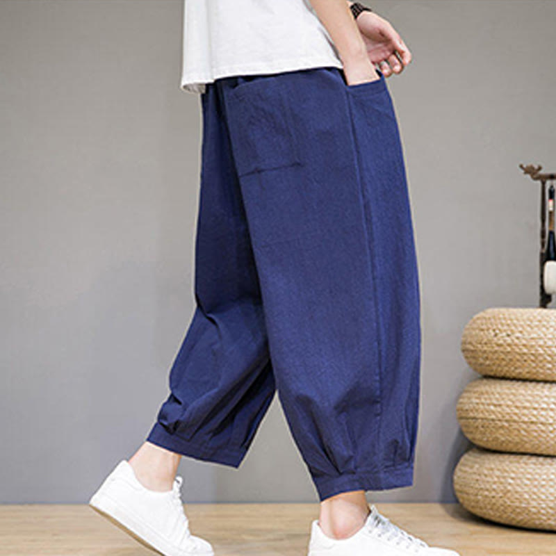 Nimara Ritual Simple Cotton Men's Cropped Capri Harem Pants With Pockets