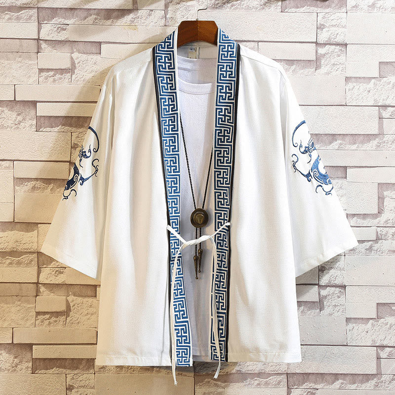 Nimara Ritual Embroidery Dragon Phoenix Auspicious Cloud Waves Leaves Cranes Open Front Jacket Men's Kimono