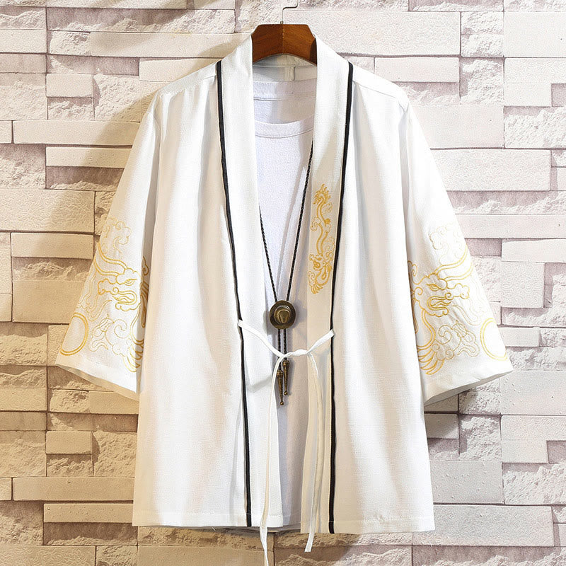 Nimara Ritual Embroidery Dragon Phoenix Auspicious Cloud Waves Leaves Cranes Open Front Jacket Men's Kimono