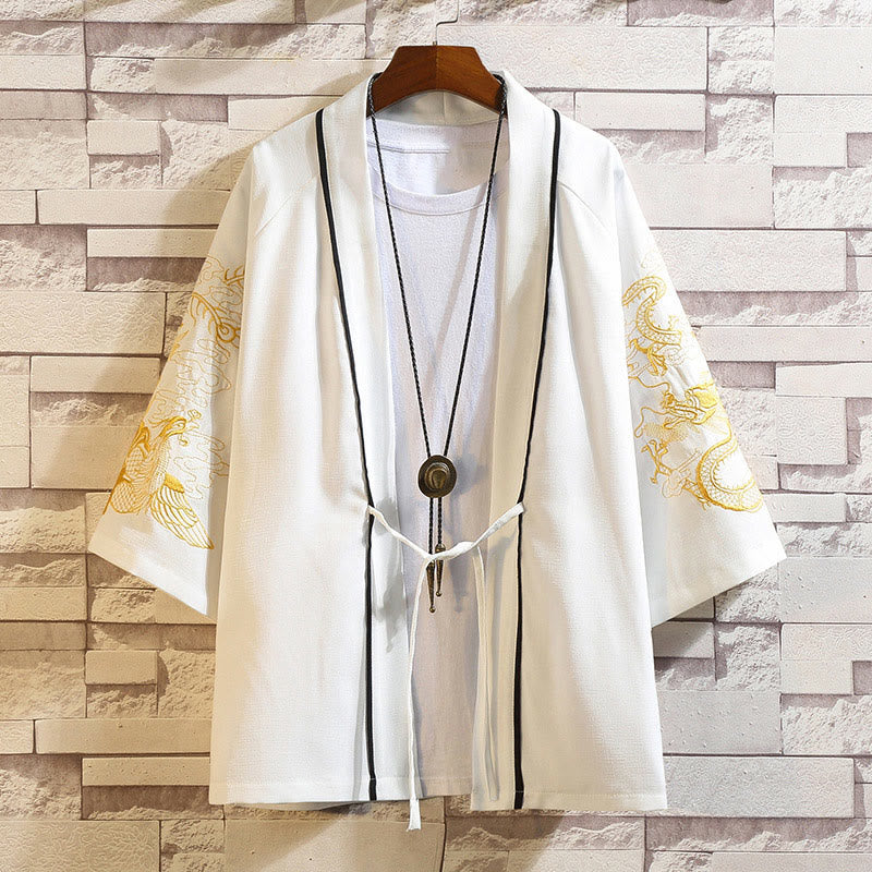 Nimara Ritual Embroidery Dragon Phoenix Auspicious Cloud Waves Leaves Cranes Open Front Jacket Men's Kimono