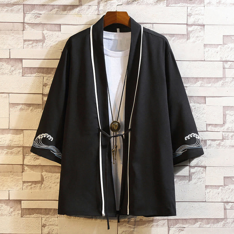 Nimara Ritual Embroidery Dragon Phoenix Auspicious Cloud Waves Leaves Cranes Open Front Jacket Men's Kimono