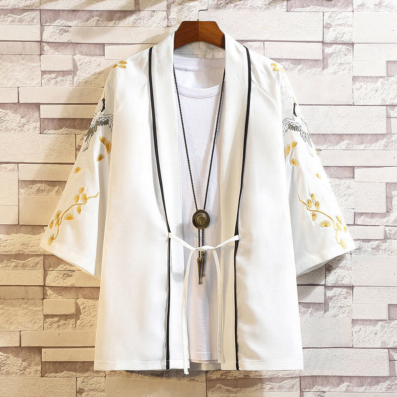 Nimara Ritual Embroidery Dragon Phoenix Auspicious Cloud Waves Leaves Cranes Open Front Jacket Men's Kimono