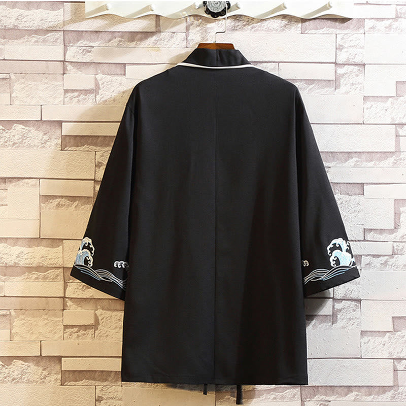 Nimara Ritual Embroidery Dragon Phoenix Auspicious Cloud Waves Leaves Cranes Open Front Jacket Men's Kimono