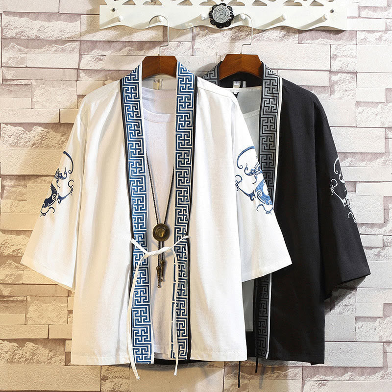 Nimara Ritual Embroidery Dragon Phoenix Auspicious Cloud Waves Leaves Cranes Open Front Jacket Men's Kimono