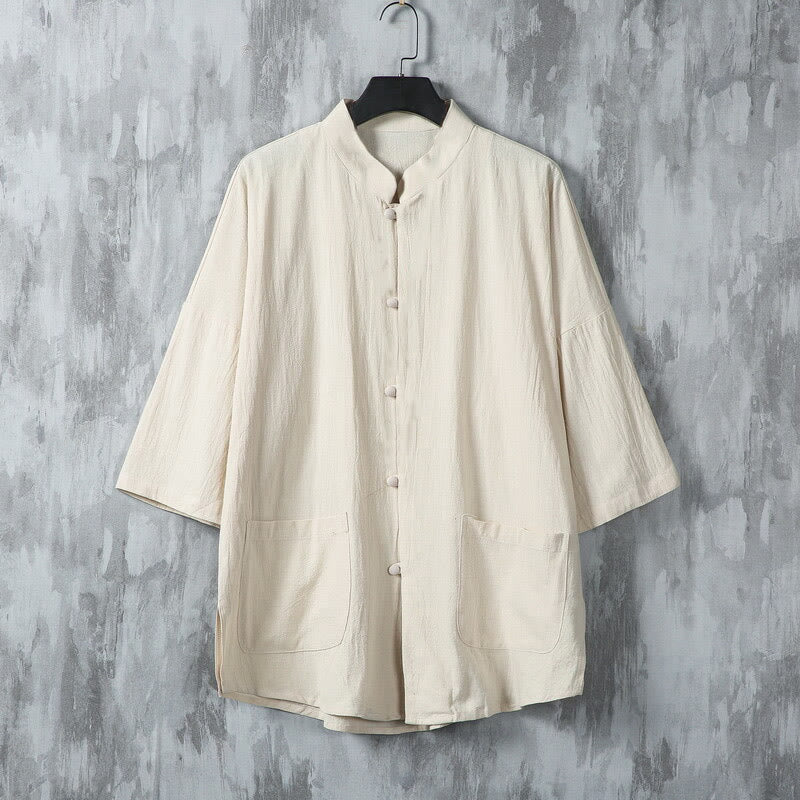 Nimara Ritual Summer Solid Color Tang Suit Design Men's Half Sleeve Linen Shirt With Pockets