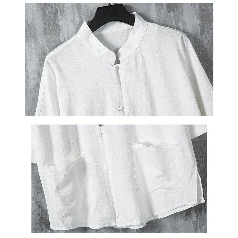 Nimara Ritual Summer Solid Color Tang Suit Design Men's Half Sleeve Linen Shirt With Pockets