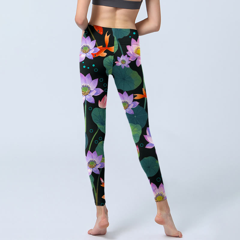 Nimara Ritual Blooming Light Purple Lotus Flower Lotus Leaves Koi Fish Pattern Print Gym Leggings Women's Yoga Pants