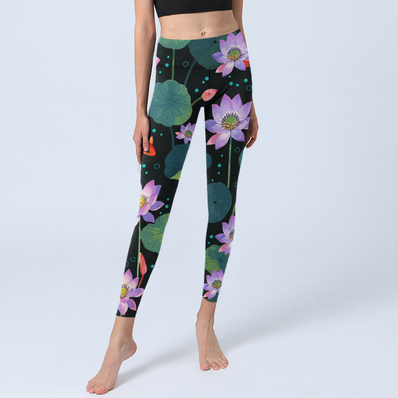 Nimara Ritual Blooming Light Purple Lotus Flower Lotus Leaves Koi Fish Pattern Print Gym Leggings Women's Yoga Pants