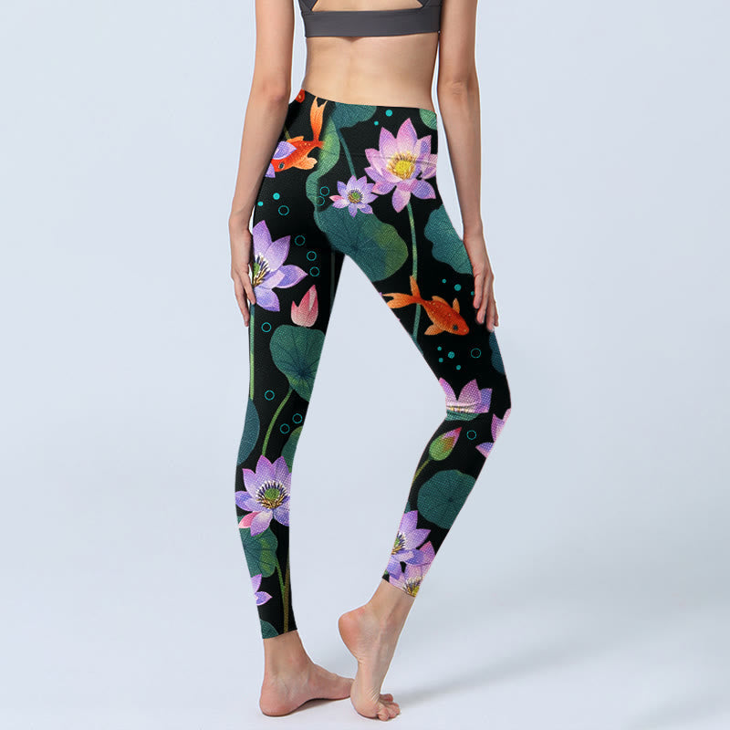 Nimara Ritual Blooming Light Purple Lotus Flower Lotus Leaves Koi Fish Pattern Print Gym Leggings Women's Yoga Pants