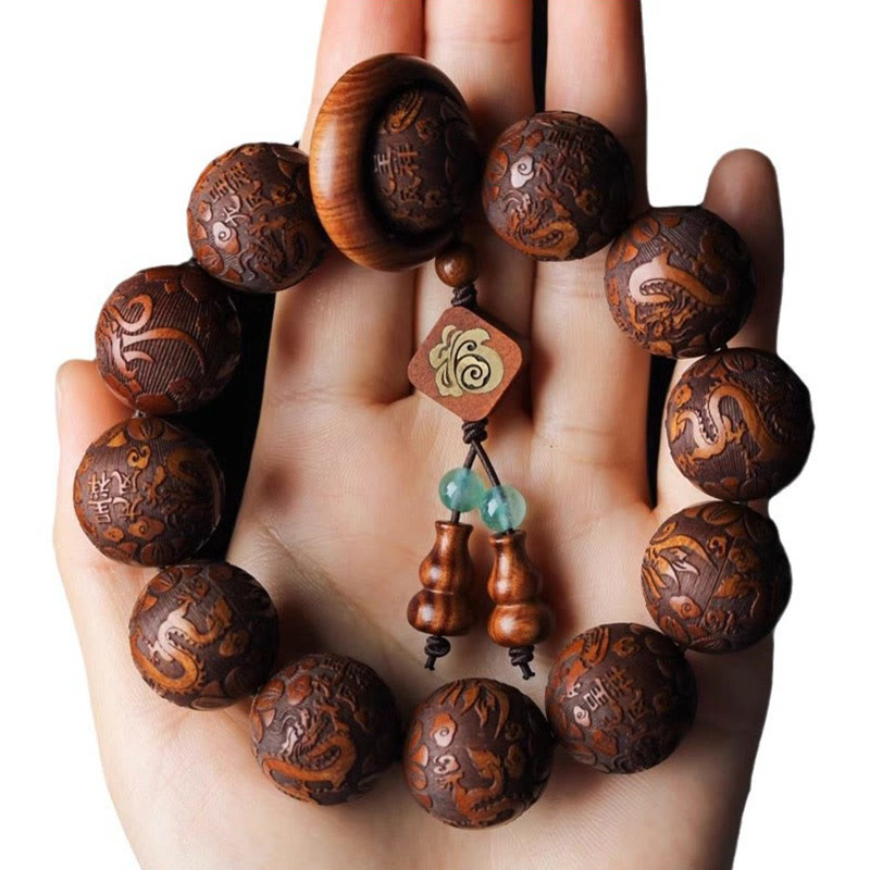 Nimara Ritual Natural Carving Dragon And Phoenix Fu Character Gourd Rosewood Beads Warmth Bracelet