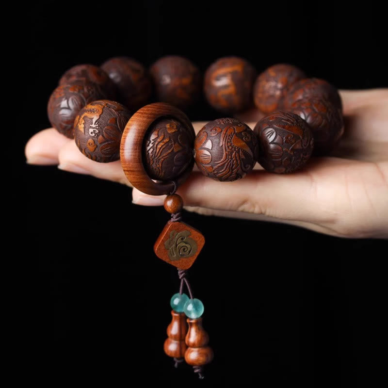 Nimara Ritual Natural Carving Dragon And Phoenix Fu Character Gourd Rosewood Beads Warmth Bracelet
