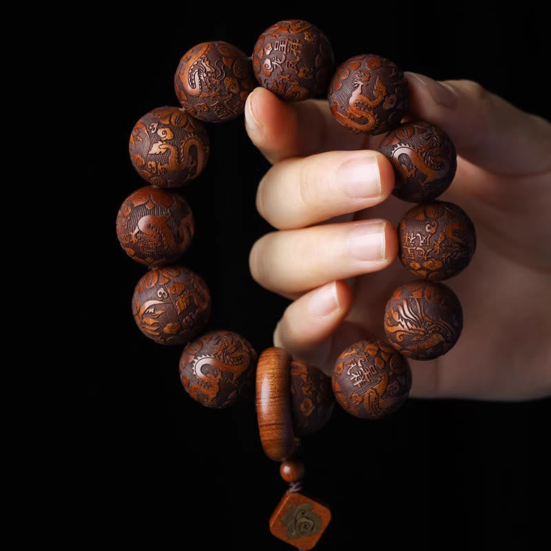 Nimara Ritual Natural Carving Dragon And Phoenix Fu Character Gourd Rosewood Beads Warmth Bracelet