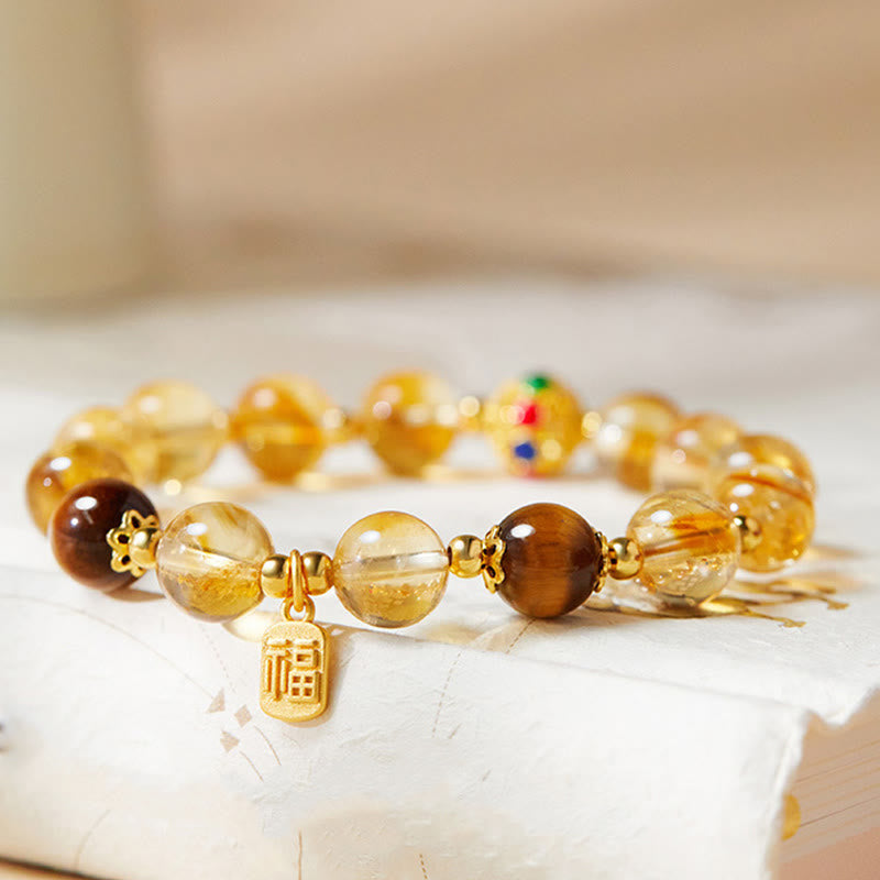 Nimara Ritual 925 Sterling Silver Fu Character Citrine Tiger Eye Protection Bracelet