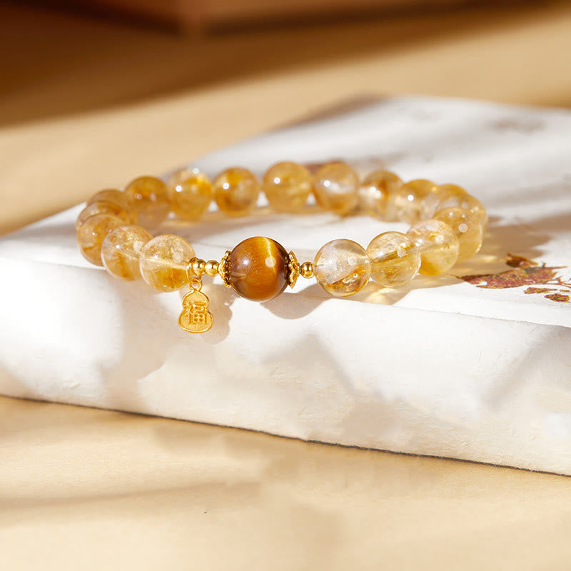 Nimara Ritual 925 Sterling Silver Gourd Fu Character Citrine Tiger Eye Prosperity Bracelet