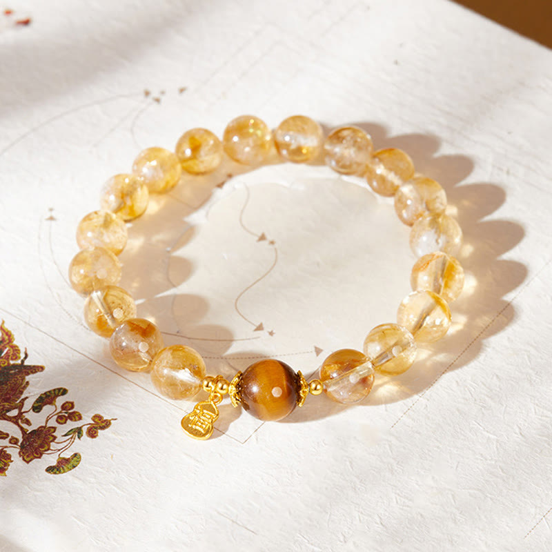 Nimara Ritual 925 Sterling Silver Gourd Fu Character Citrine Tiger Eye Prosperity Bracelet