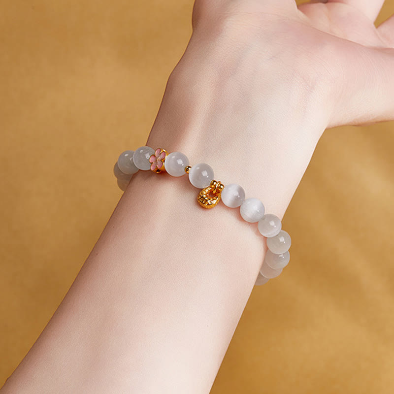 Nimara Ritual 925 Sterling Silver Natural Peach Blossom White Cat's Eye Positive Bracelet