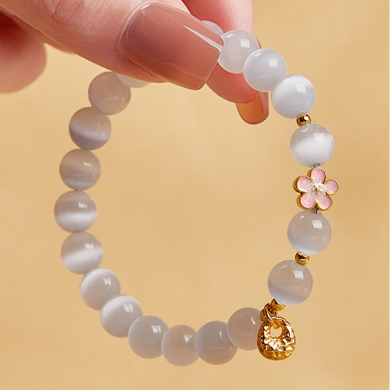 Nimara Ritual 925 Sterling Silver Natural Peach Blossom White Cat's Eye Positive Bracelet